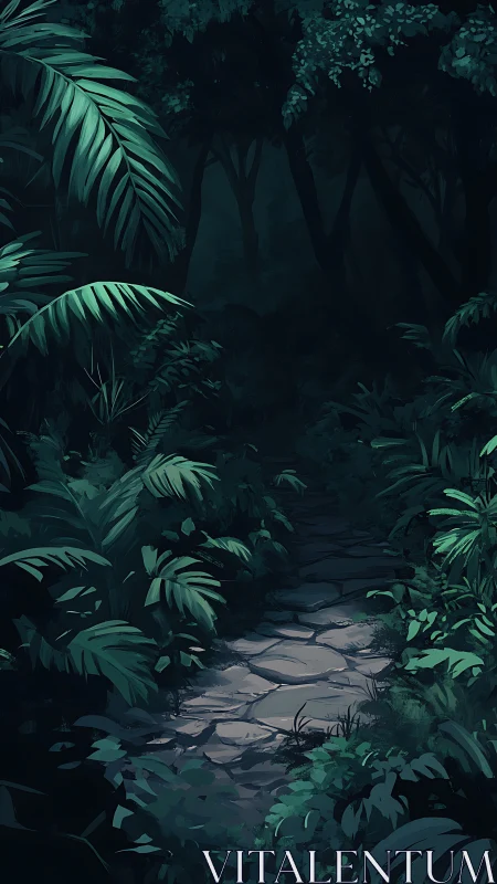 Moonlit Forest Path Through Tropical Haven.