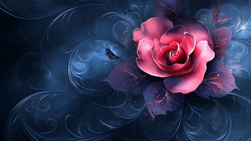 Radiant magenta rose rendered in intricate swirling fractal foliage