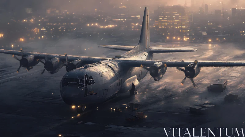Military cargo aircraft waits on wet runway at night