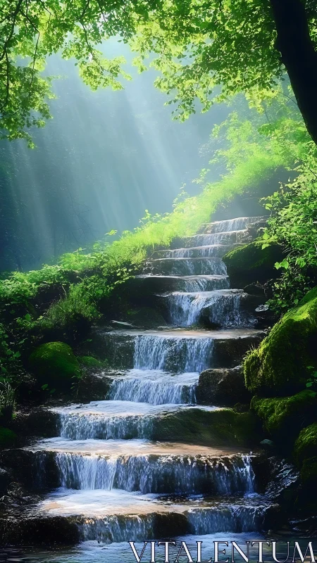 Stepped forest cascade under filtered morning sunlight.