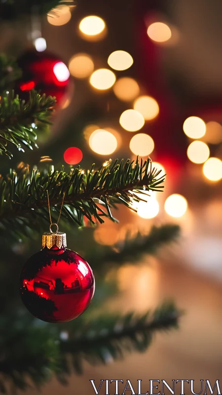 Red bauble glows warmly against soft Christmas tree lights