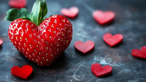 Heart-shaped strawberry with decorative love symbols on textured surface