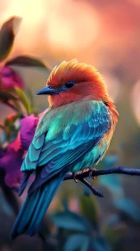 Multicolored songbird on branch against blurred sunset field.