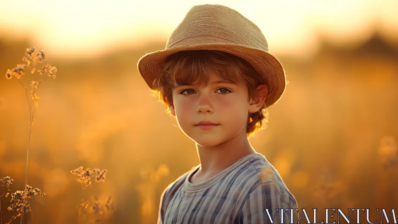 Child in straw hat positioned in golden field at sunset