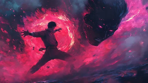 Sorcerer unleashes crimson vortex against colossal spirit.