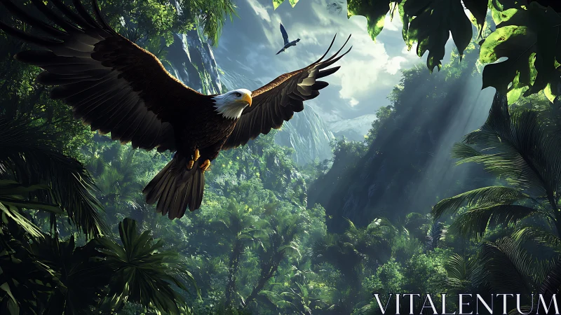Bald eagle soaring over lush tropical jungle valley.