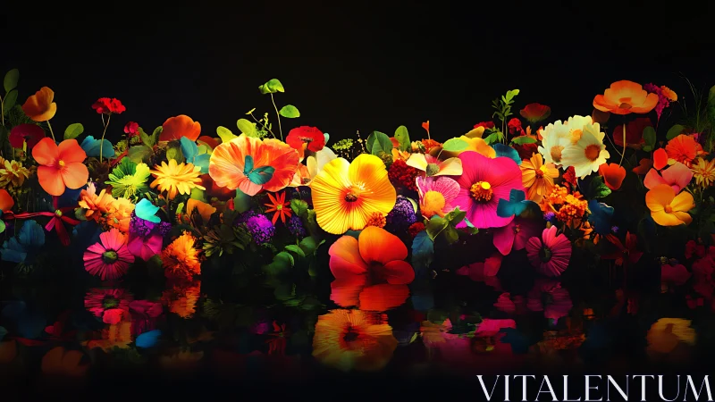 Neon Bloom Garden: A Luminous Flower Spectacle Reflected.
