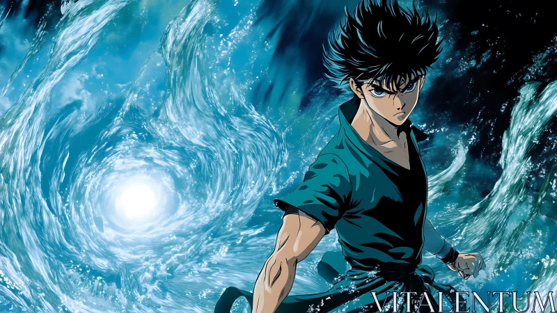 Determined warrior commands spiraling water vortex energy