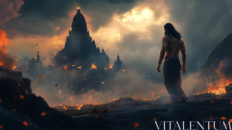 Warrior confronts burning temple amid storm-lit volcanic ruin.