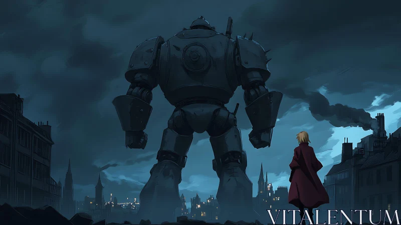 Anime mecha standoff in moody industrial skyline composition.