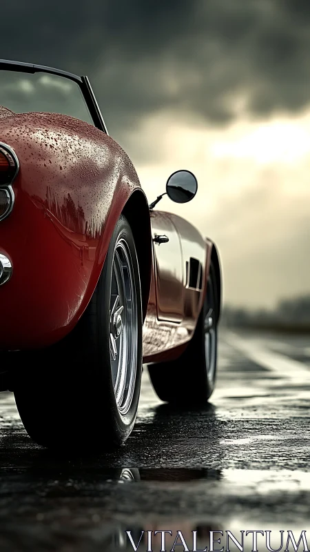 Rear-quarter view of wet red roadster on reflective asphalt.