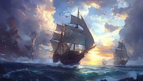 Tall ships under dramatic sunset sky at sea.