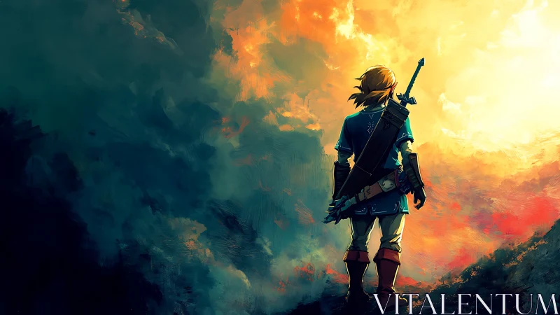 Backlit fantasy swordsman in atmospheric digital landscape.