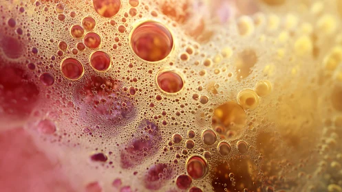 Glowing oil bubbles scatter across soft pink and gold light.