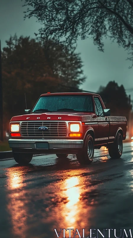 Vintage red Ford pickup drives down wet city street at dusk