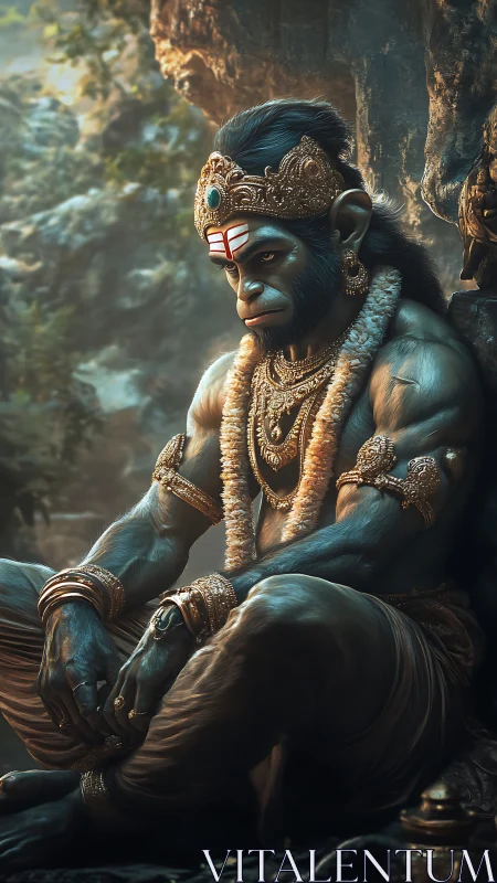 Serene monkey warrior resting in golden forest light.