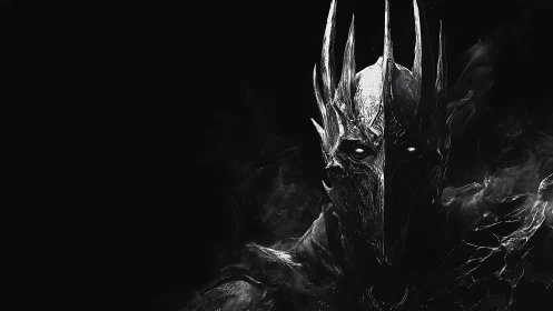 Dark armored warlord emerges from shadowy black void.