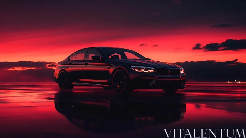 Sport sedan silhouette against reflective sunset horizon.