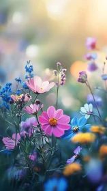 Vibrant Cosmos Garden: Pink and Blue Flowers in Golden Hour Bloom.