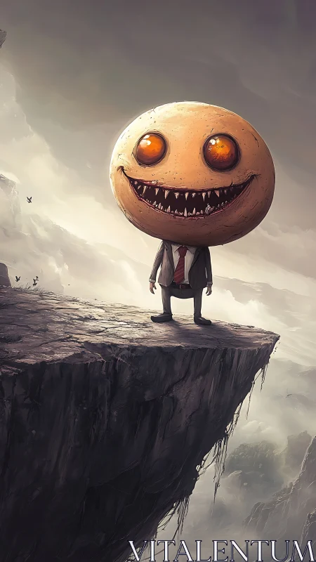 Grinning moon-headed figure stands ominously on a cliff edge.