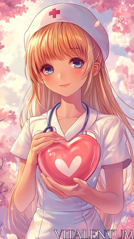 Young nurse holding stylized heart object outdoors.