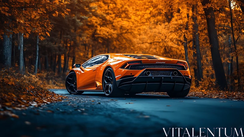 Orange supercar glows against fiery autumn forest backdrop.