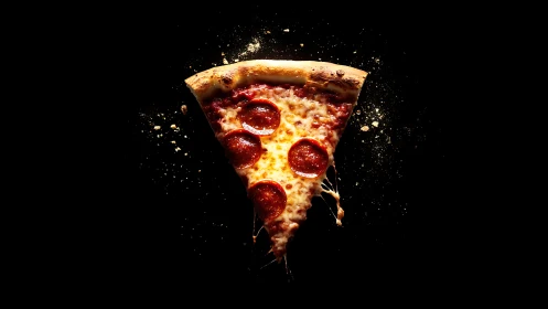 Pepperoni pizza slice glows against dramatic black background.