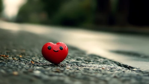 Red Heart-Shaped Object with Anthropomorphic Face on Asphalt Surface.