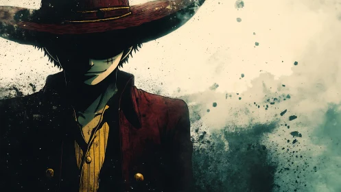 Shadowed anime gunslinger stands in textured storm haze