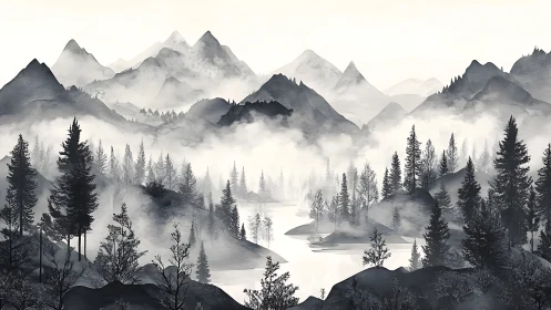 Monochrome misty conifer forest with layered alpine mountains