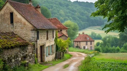 Quiet country lane lined with mossy stone cottages and fields.