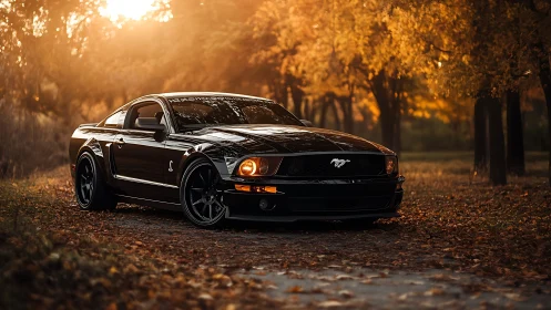Midnight mustang prowls an amber autumn forest road.