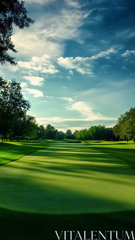 Tree-lined golf fairway under late afternoon sky.