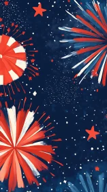 Radial tricolor pyrotechnic bursts on deep cobalt sky.