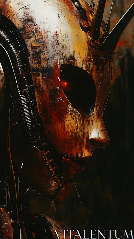 Rust-stained horned android head in dramatic profile view.