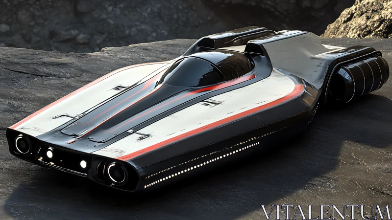 Futuristic hover vehicle on rocky terrain surface at rest.