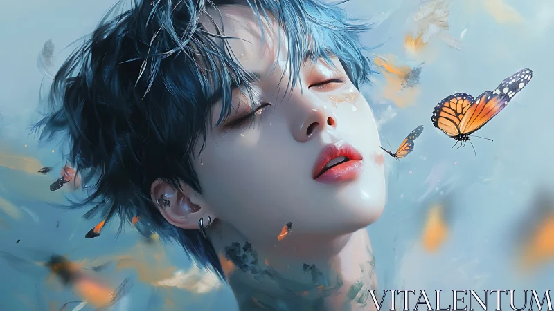 Dream-swept blue-haired youth drifting with soft monarchs.