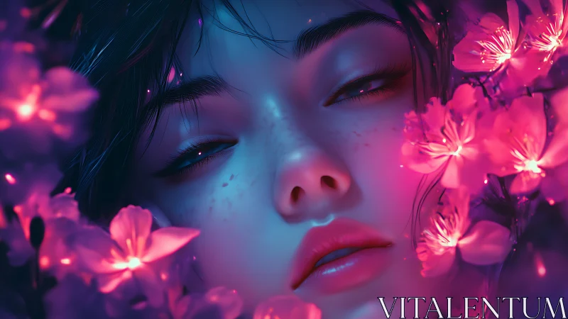Dreamlit portrait drifts in neon blossoms and midnight glow