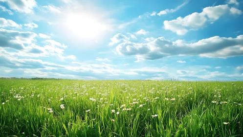 Solar-illuminated meadow panorama with stratocumulus cloud field.