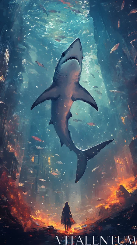 Towering shark drifts above a lone wanderer in fiery ruins