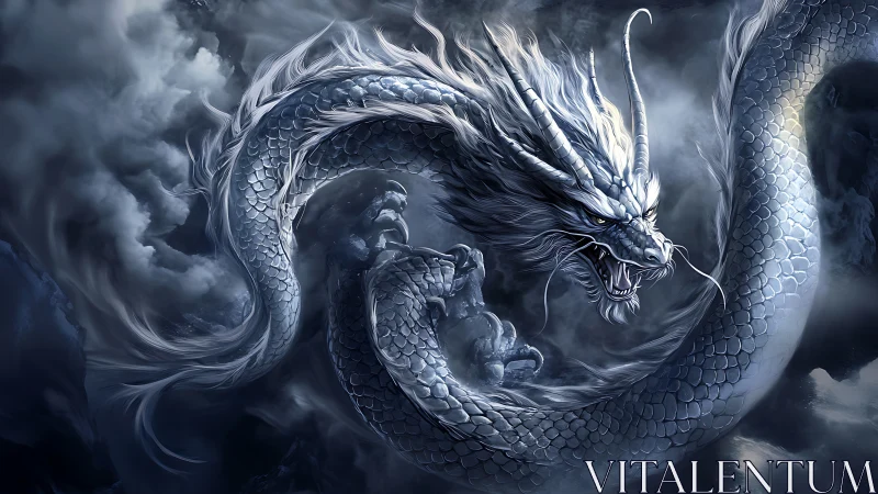 Stormlit sky serpent glides in a swirl of silver scales