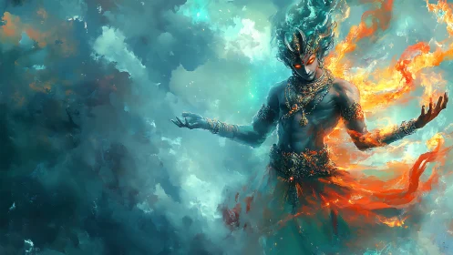 Mystic fire spirit rises in swirling blue and orange skies