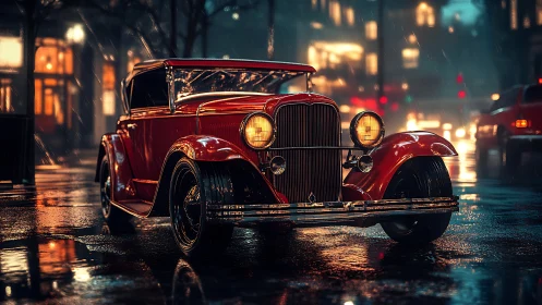 Red vintage coupe gleams on a rainy neon city street at night.