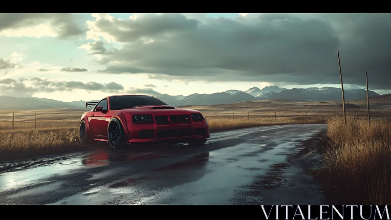 Scarlet sports car resting on a rain-washed country road.