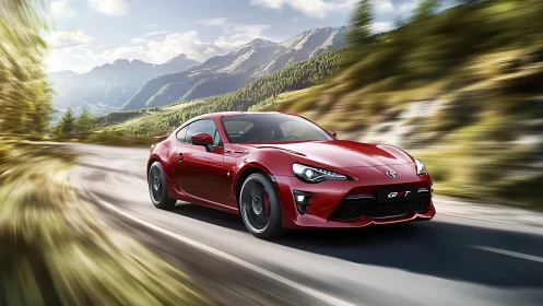 Red sports coupe powers through winding mountain road