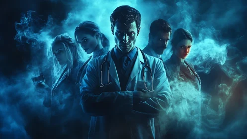 Medical team stands in blue smoke under dramatic lighting