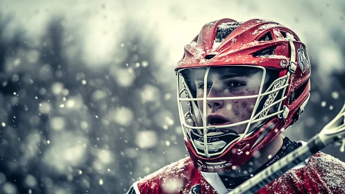 Lacrosse player in red helmet during active snowfall outdoors.
