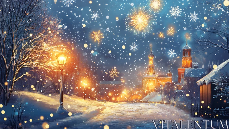 Winter city street with cathedral, fireworks and snowfall glow