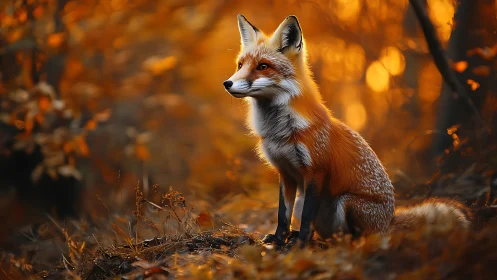 Red fox sits alert in glowing autumn forest light