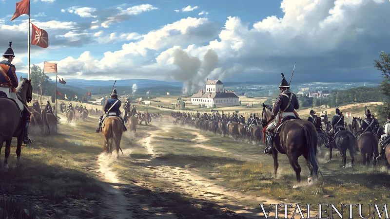 Cavalry columns advance toward a distant fortress under stormy skies